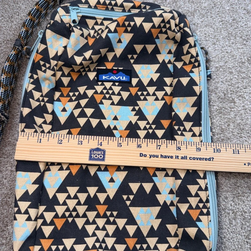 KAVU Rope Sling Bag Geometric Triangle Canvas Crossbody Black Blue Orange 16in